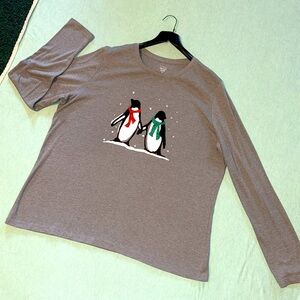 Kim Rogers Perfectly Soft XL Heather Gray LS T-shirt penguins glitter top EUC